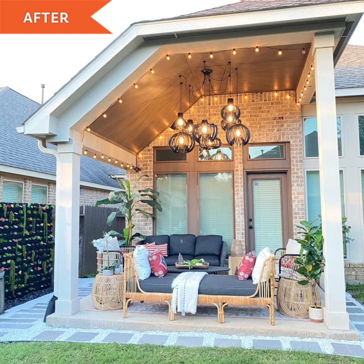 After: patio with hanging lights and wicker furniture