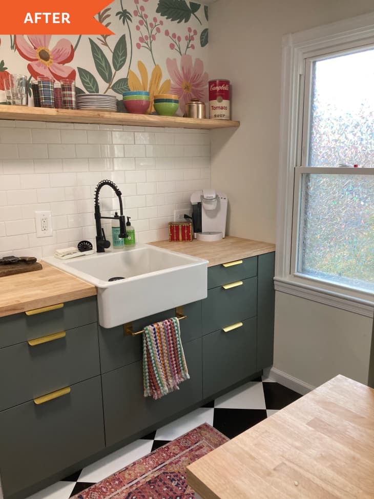 After: painted cabinets with gold handles and checkered floor