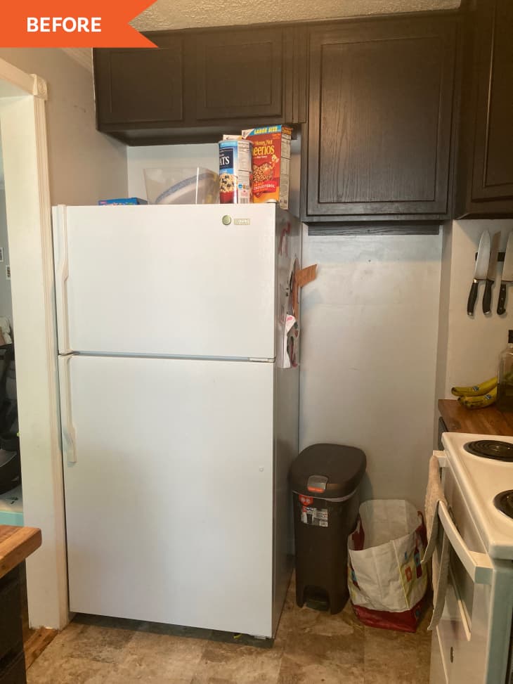 Before: white kitchen with a white refrigerator