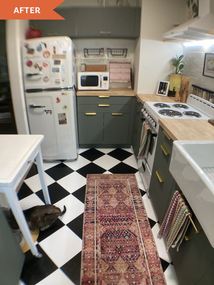 After: Kitchen with checkerboard floor and green cabinets