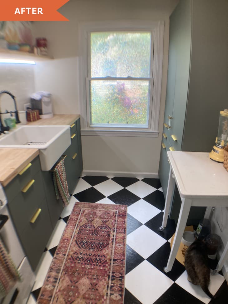 After: Kitchen with checkerboard floors and pink runner