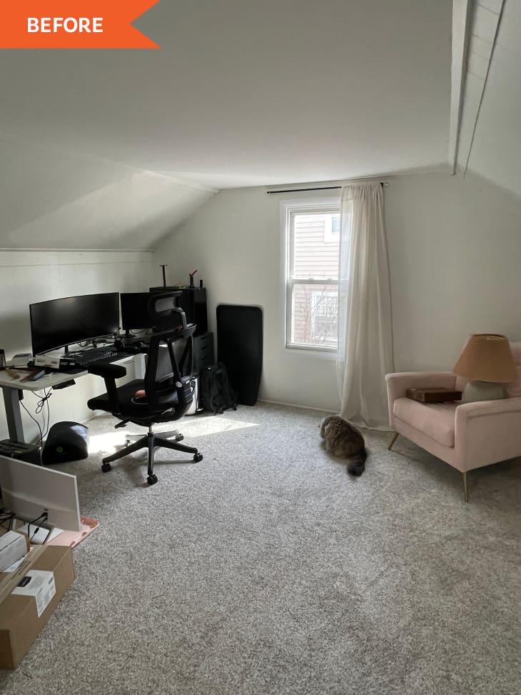 Before: white attic space with pink chair and desk