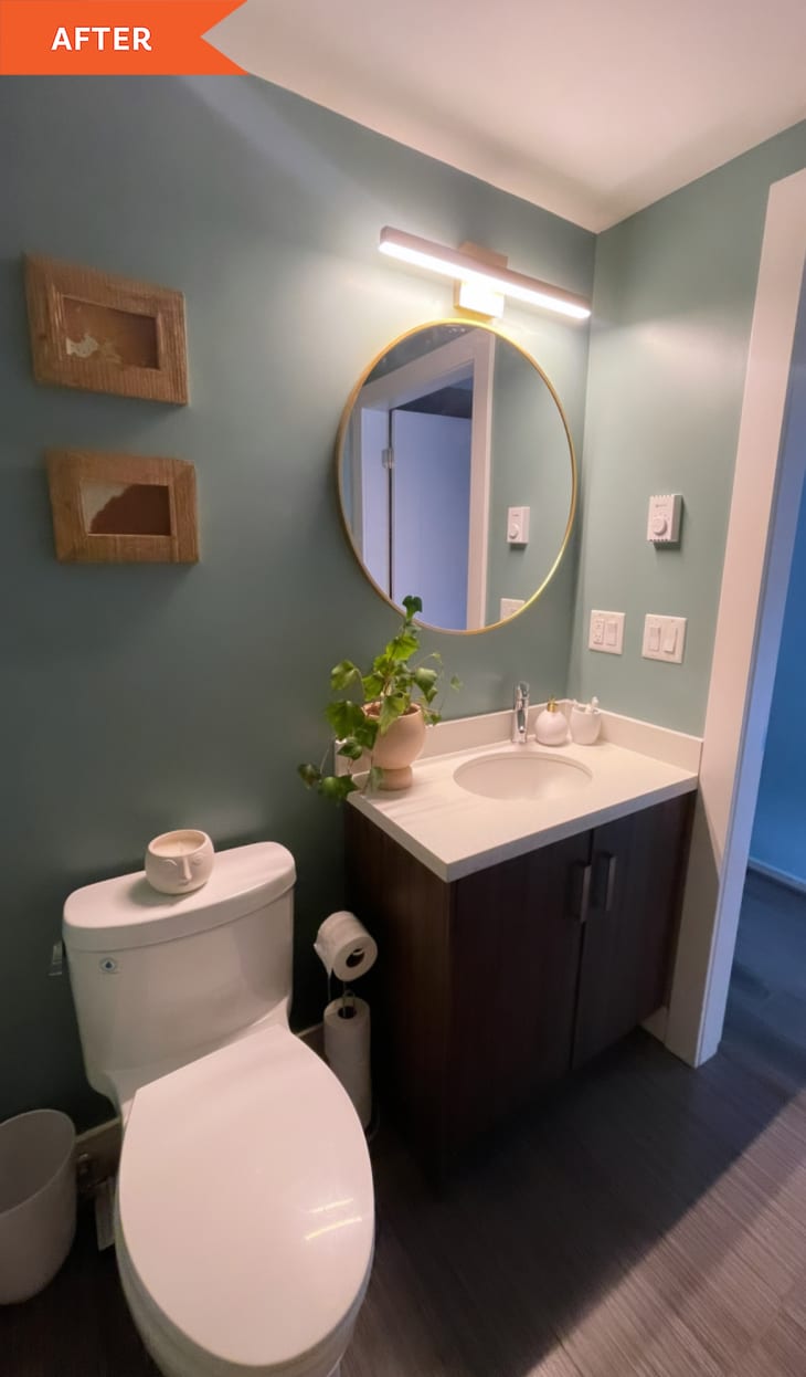 后:浴室的绿色墙壁，洗手池上方有一面圆形镜子