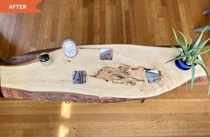 After: Top of live-edge wood coffee table