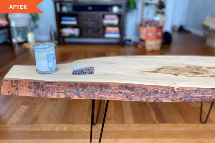 After: Live-edge wood coffee table with hairpin legs