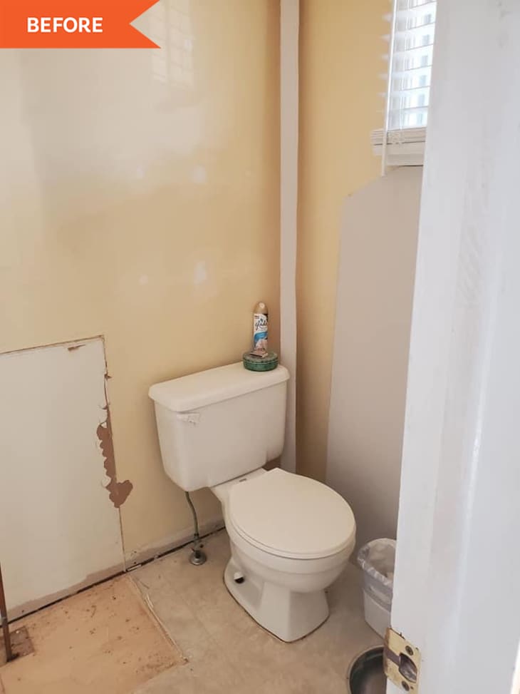 Before: yellow bathroom with sink removed