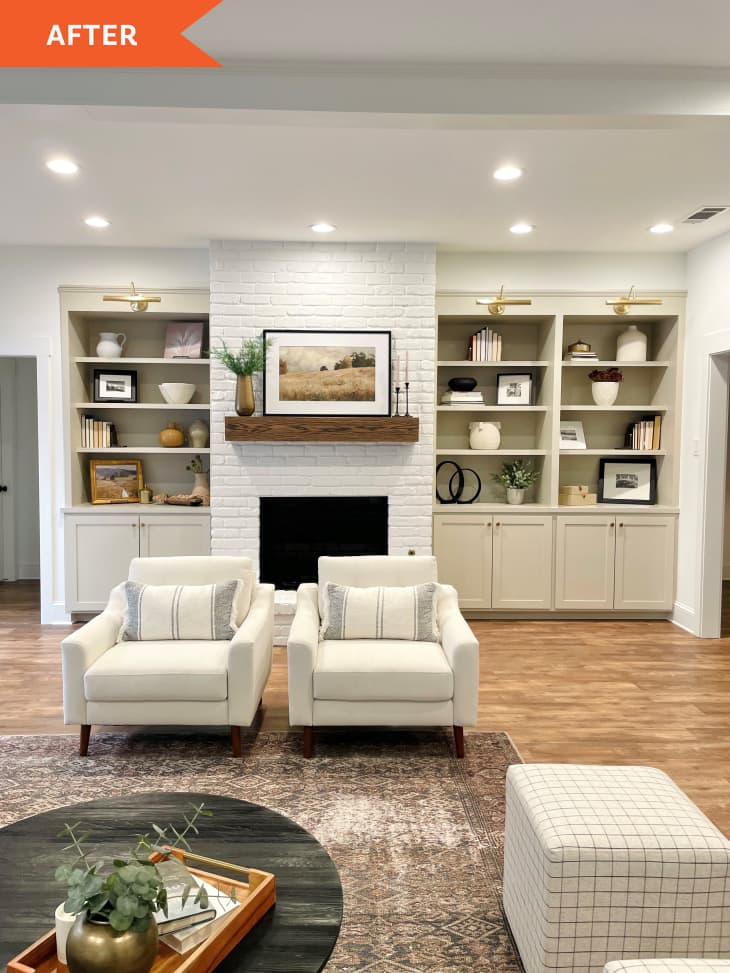 After: White brick fireplace and built-in shelving in living room