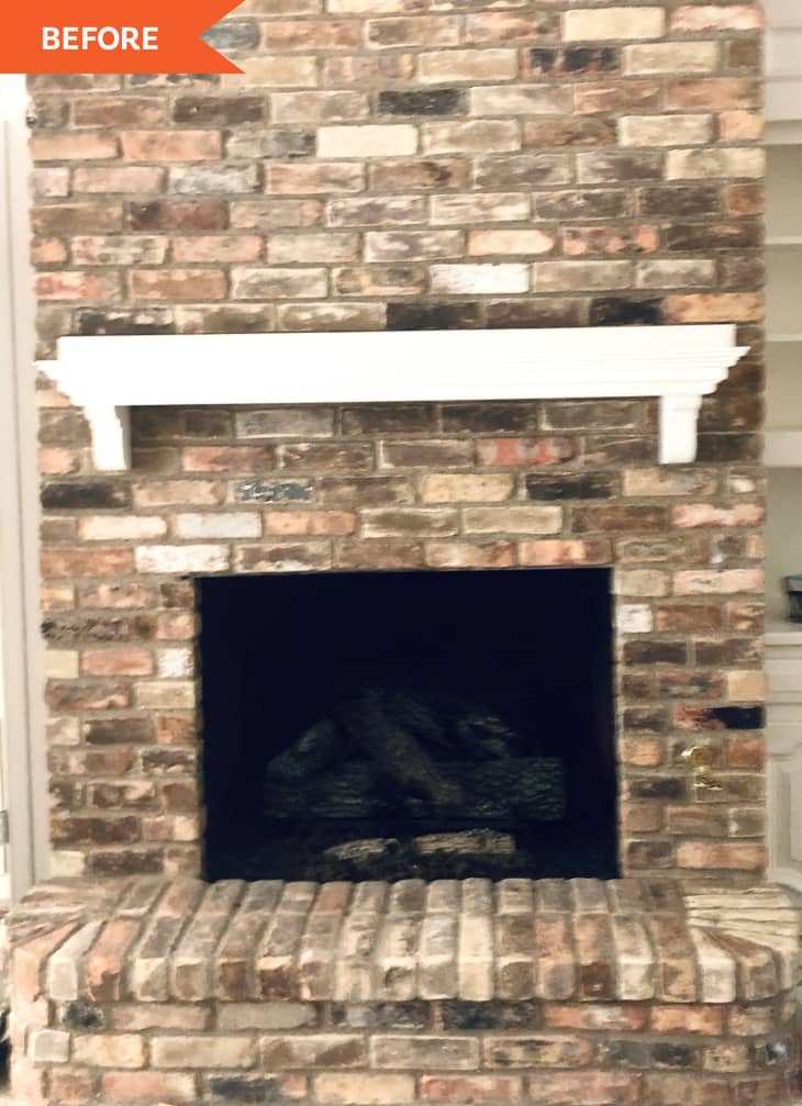 Before: Tan brick fireplace with white mantel
