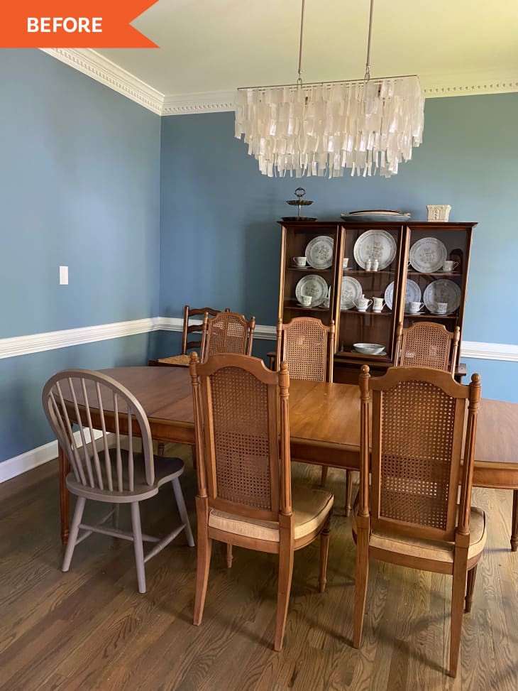 Before: blue walls in dining room with table and chairs