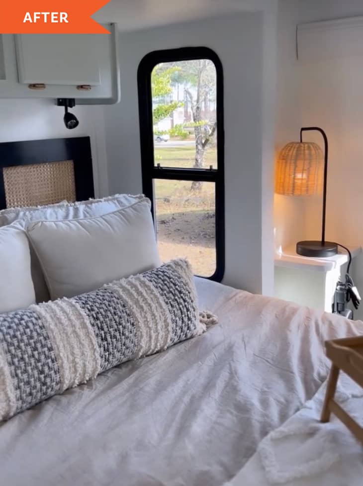 After: RV bedroom with white walls
