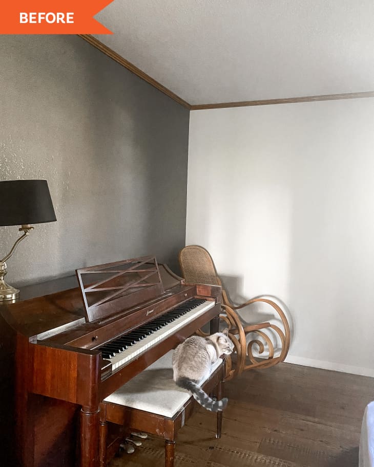 Before: Piano with rocking chair next to it