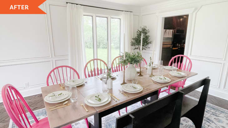 After: white dining room with pink chair at the table
