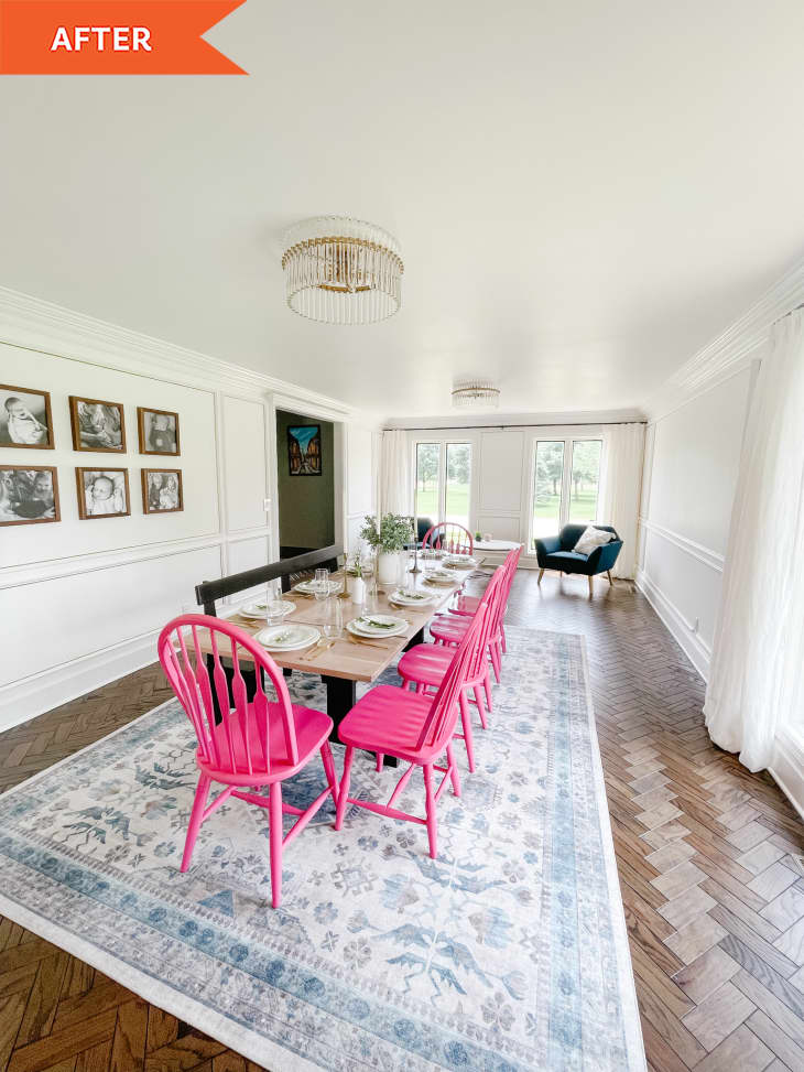 After: white living room with pink chairs at a dining table