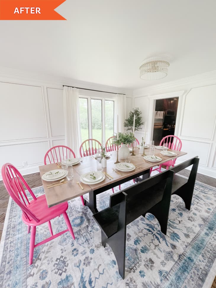 After: white dining room with pink chairs and a bench at a table