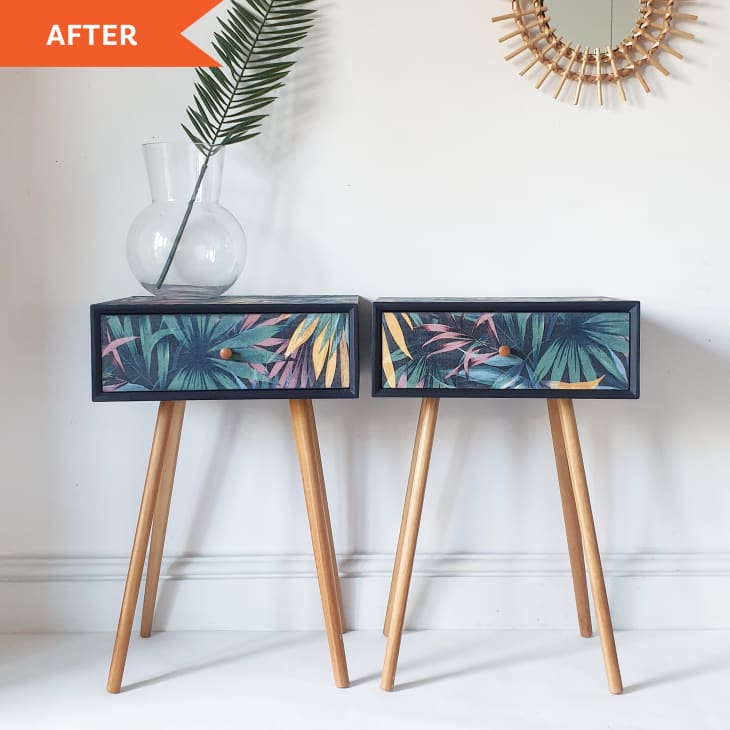 After: Pair of end tables with palm leaf print on drawer fronts