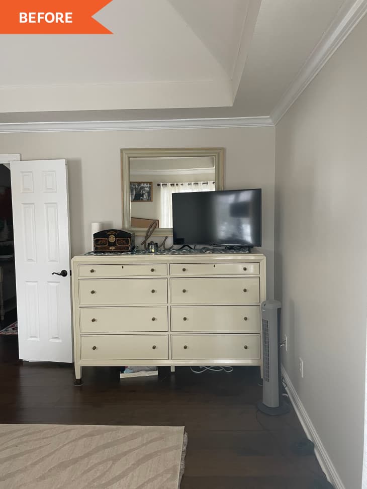 Before: white dresser with tv on top in the corner of a room