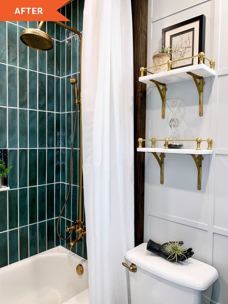 After: Green-tiled shower with gold shower head