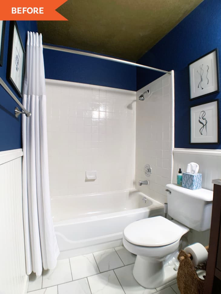 Before: blue and white bathroom with white shower