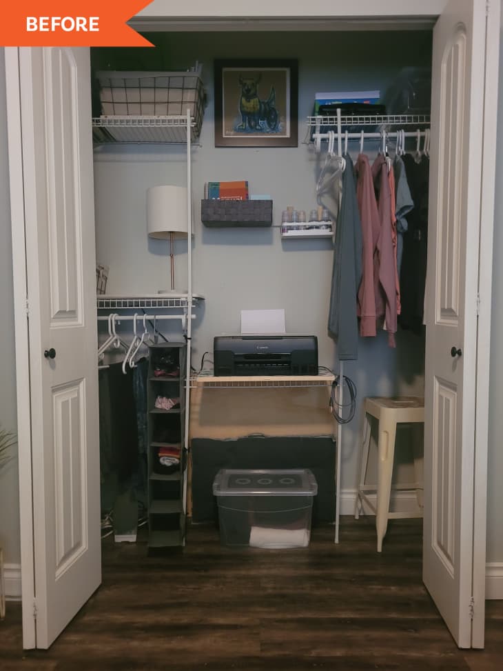 Before: Closet with gray walls and white wire shelves, filled with hanging clothes