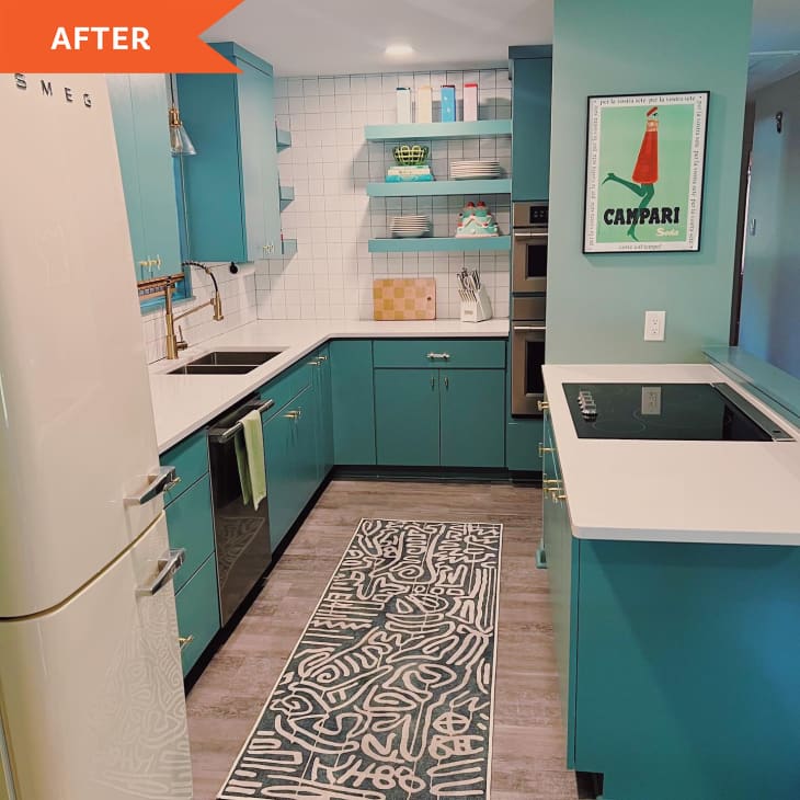 After: Kitchen with bright teal cabinetry