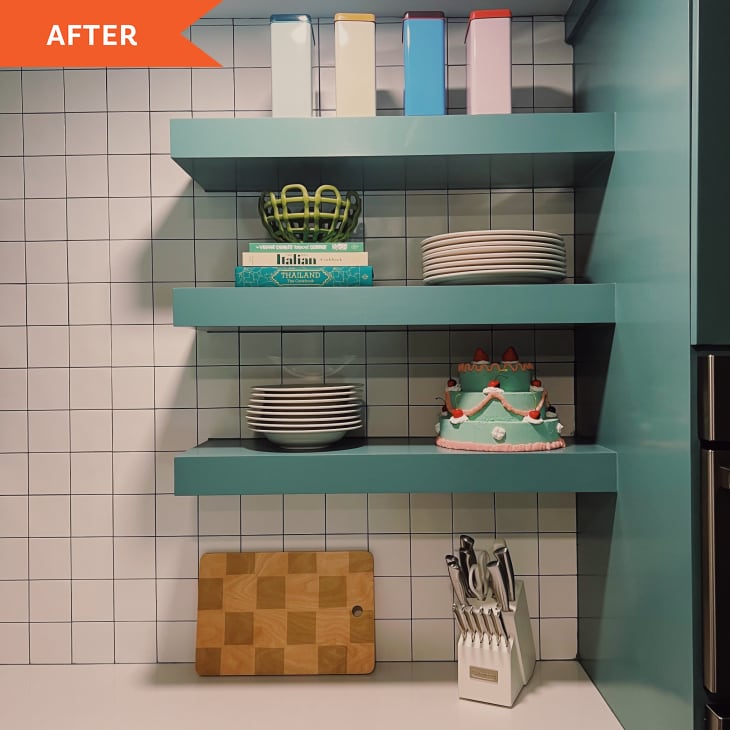 After: Teal shelving donning colorful accessories