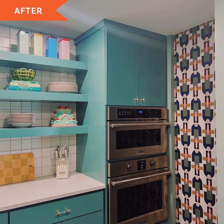 After: Ovens in corner of colorful kitchen