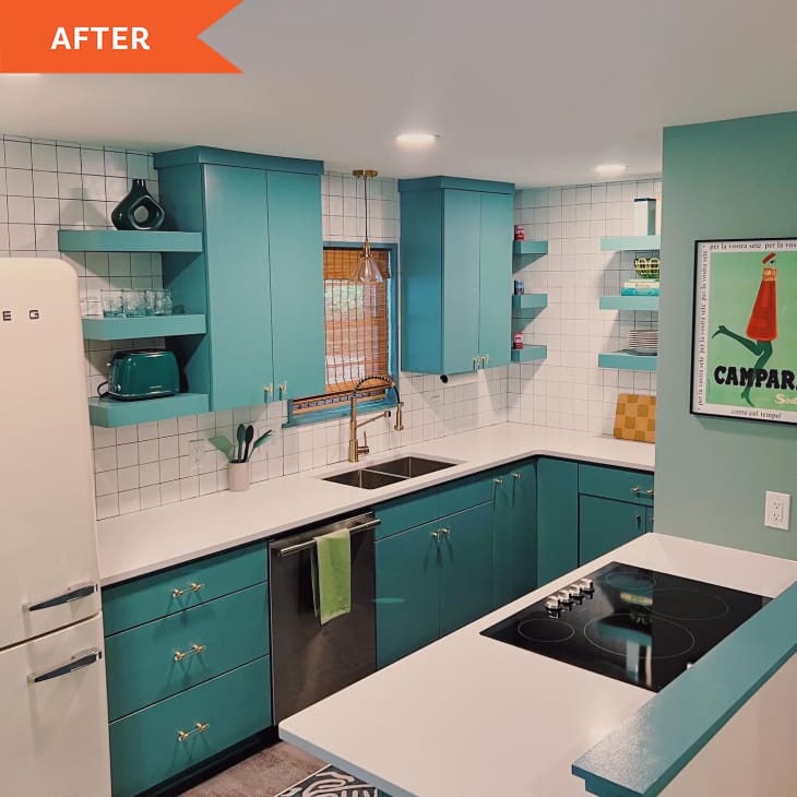 After: Kitchen with teal color scheme