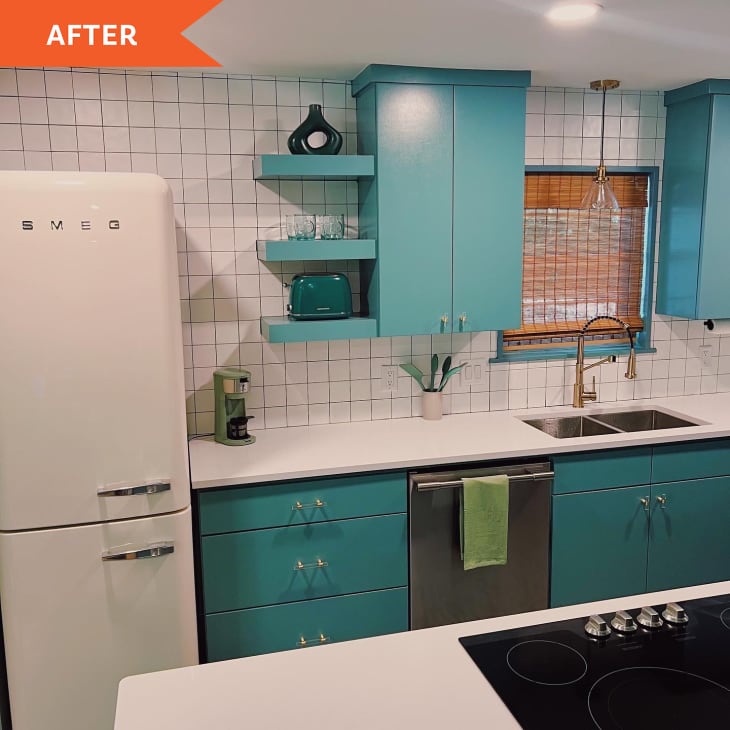 After: Kitchen with teal cabinets and SMEG fridge