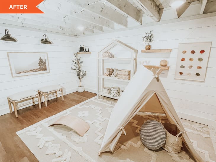 After: White playroom with a white canvas tent set up on a white rug