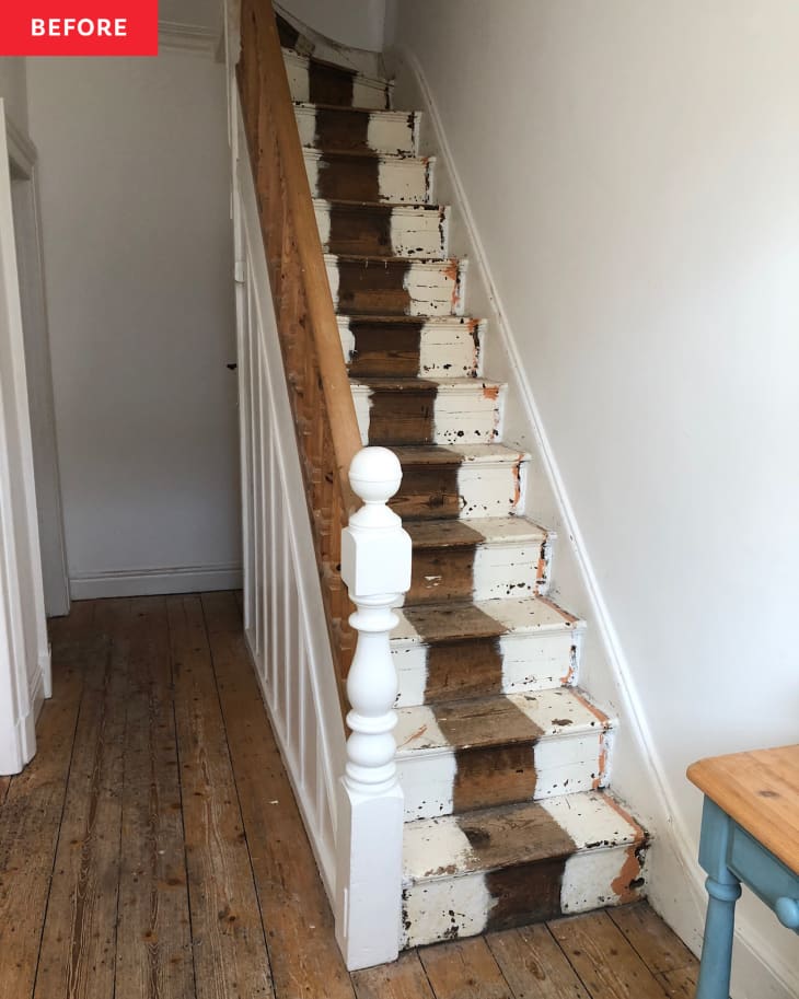 Before: a staircase with a brown stripe in the middle