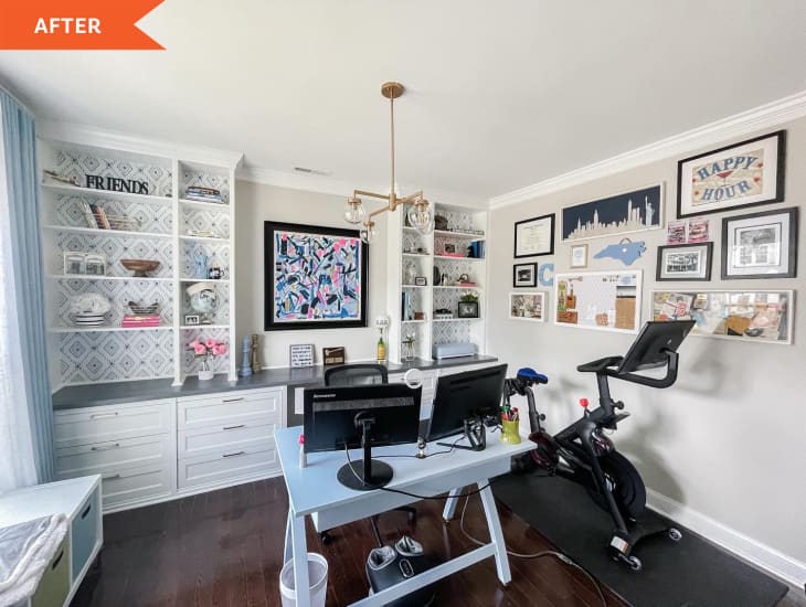 After: white office with a stationary bike next to a white desk