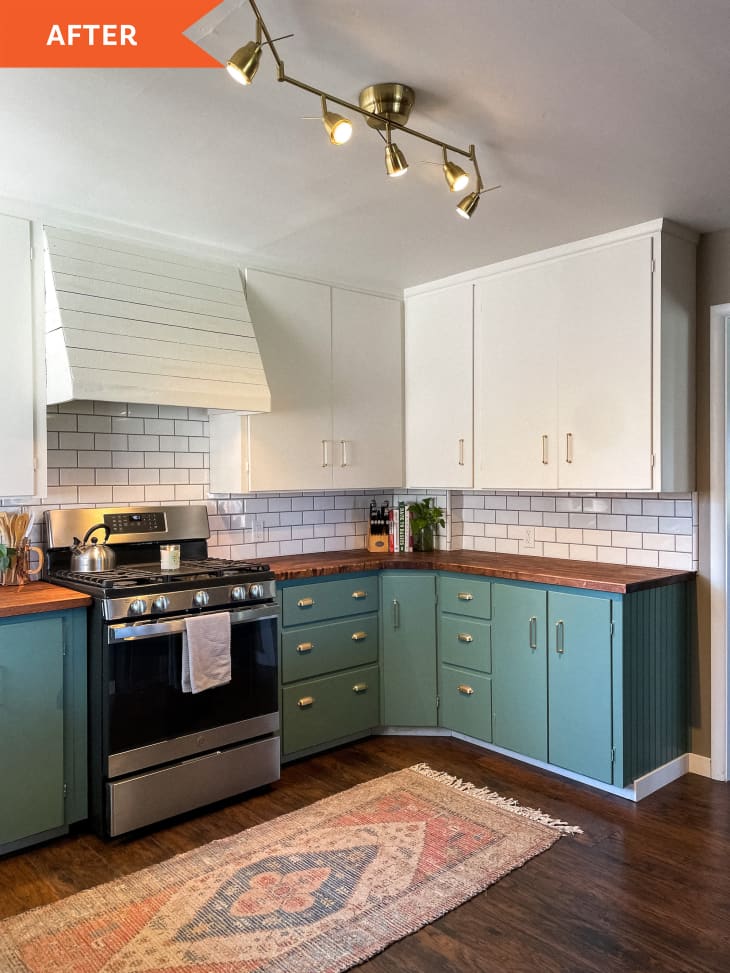 After: a kitchen with white cabinets up top and teal cabinets below
