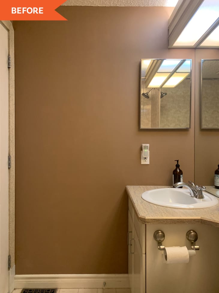 Before: brown wall in bathroom