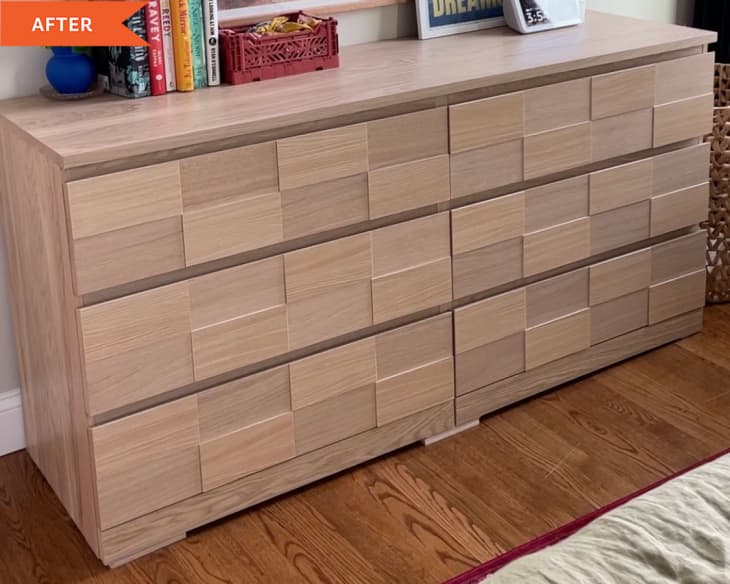 After: a six drawer dresser with a wooden pattern on the drawers