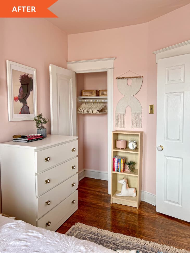 After: pink bedroom with white furniture