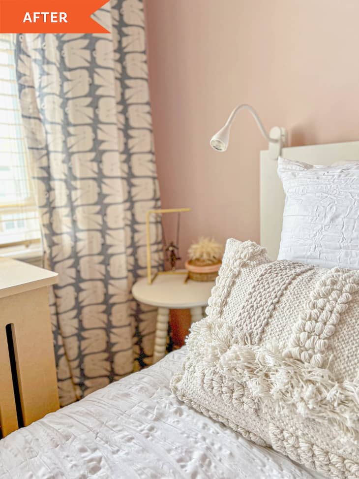 After: pink bedroom with white bed