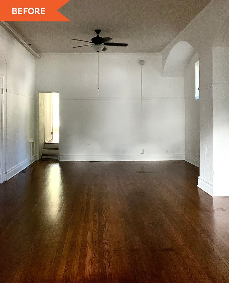Before: empty white room with wooden floors
