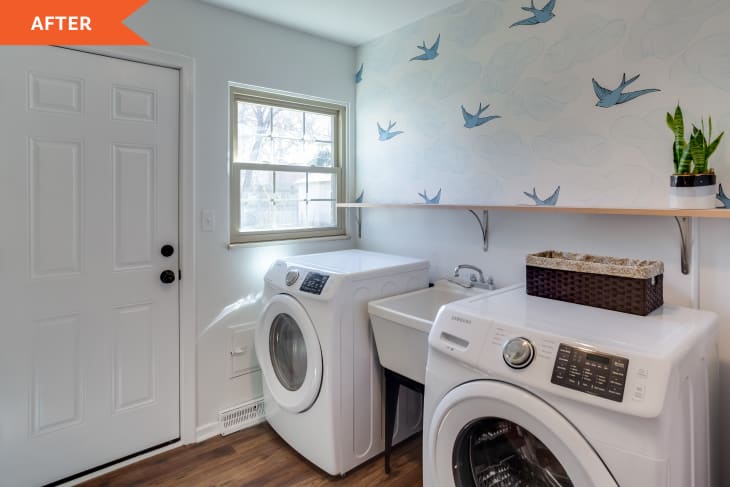 After: a white room with modern laundry machines