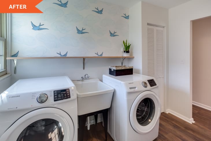 After: updated washer and dryer with a sink in between and a painting of birds above