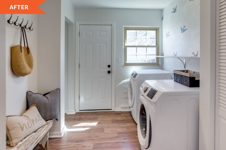 After: a modern laundry room with updated washer and dryer and a bench