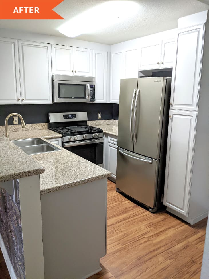 After: a kitchen with white cabinets and stainless steel refrigerator and oven