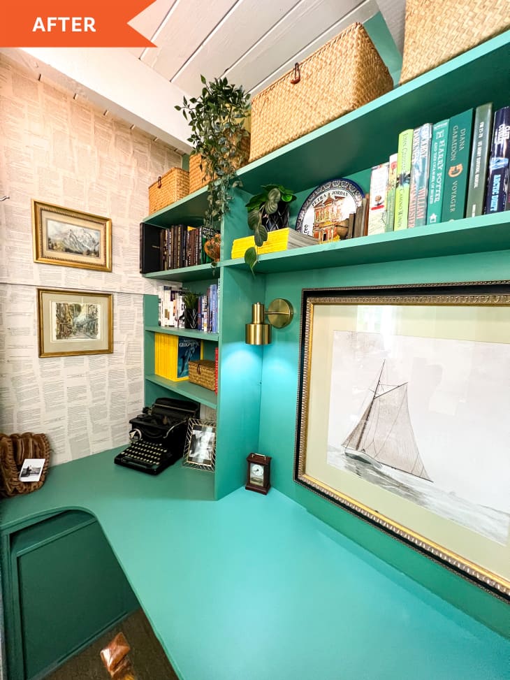 After: blue green desk and shelves with a boat painting