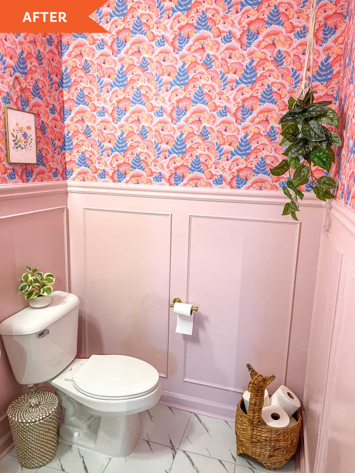 After: pink bathroom with hanging green plant