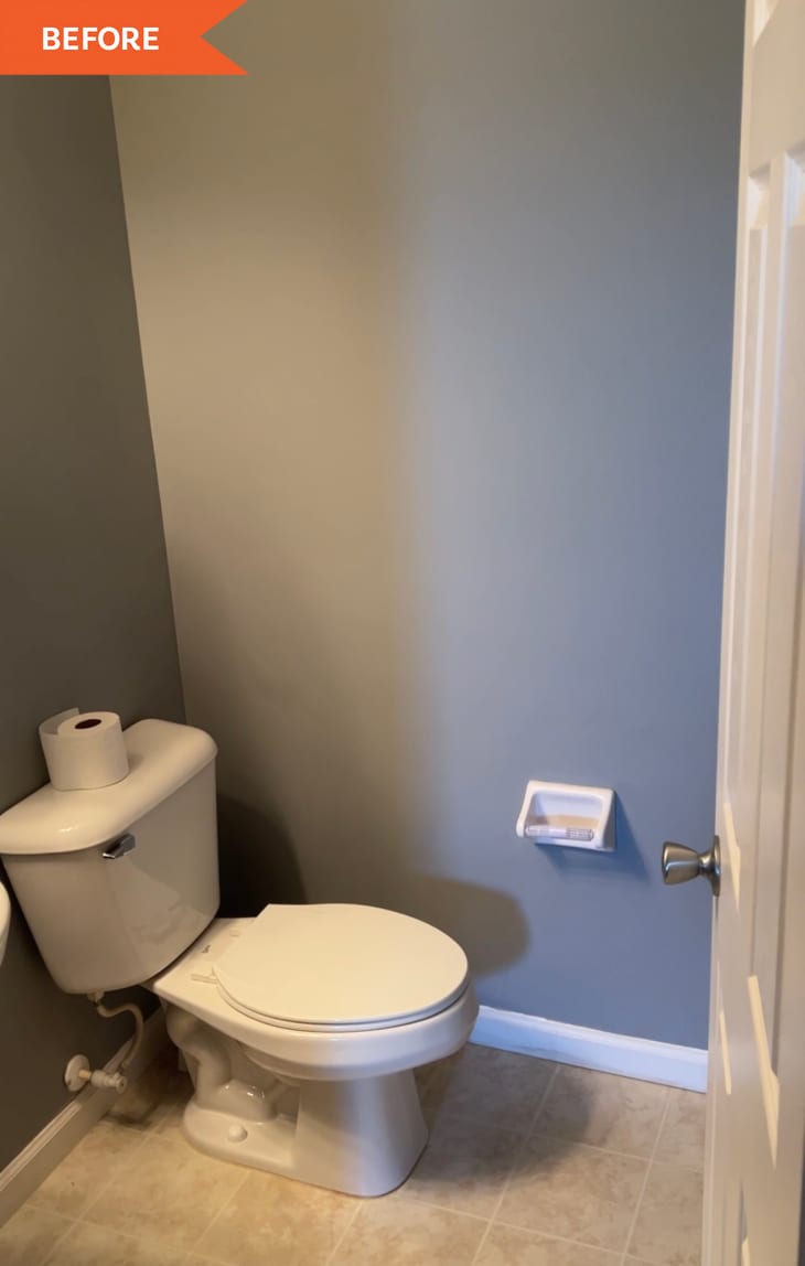 Before: door opening to reveal gray bathroom