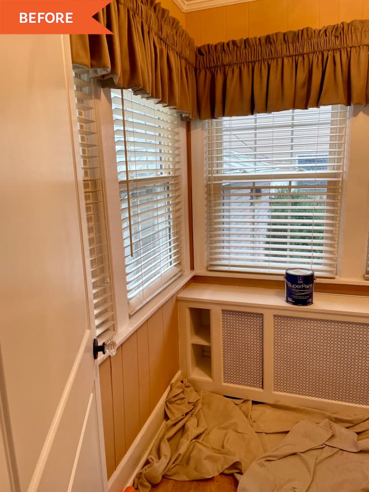 Before: the corner of a tan room with a white bench up against a window