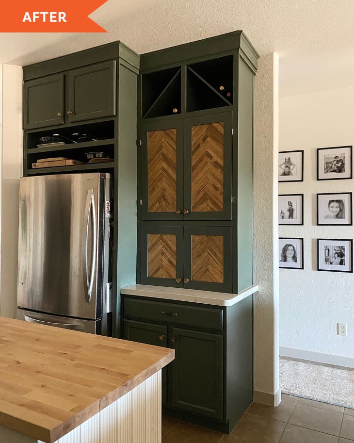 After: Fridge in kitchen with green cabinets