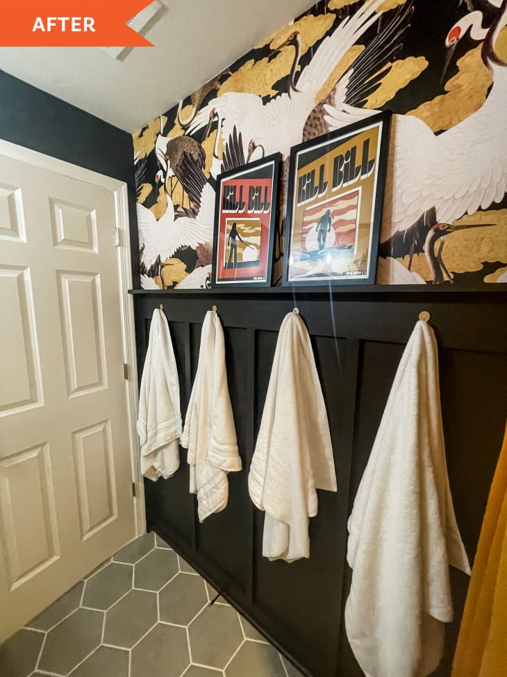 After: Towels hanging on pegs in bathroom