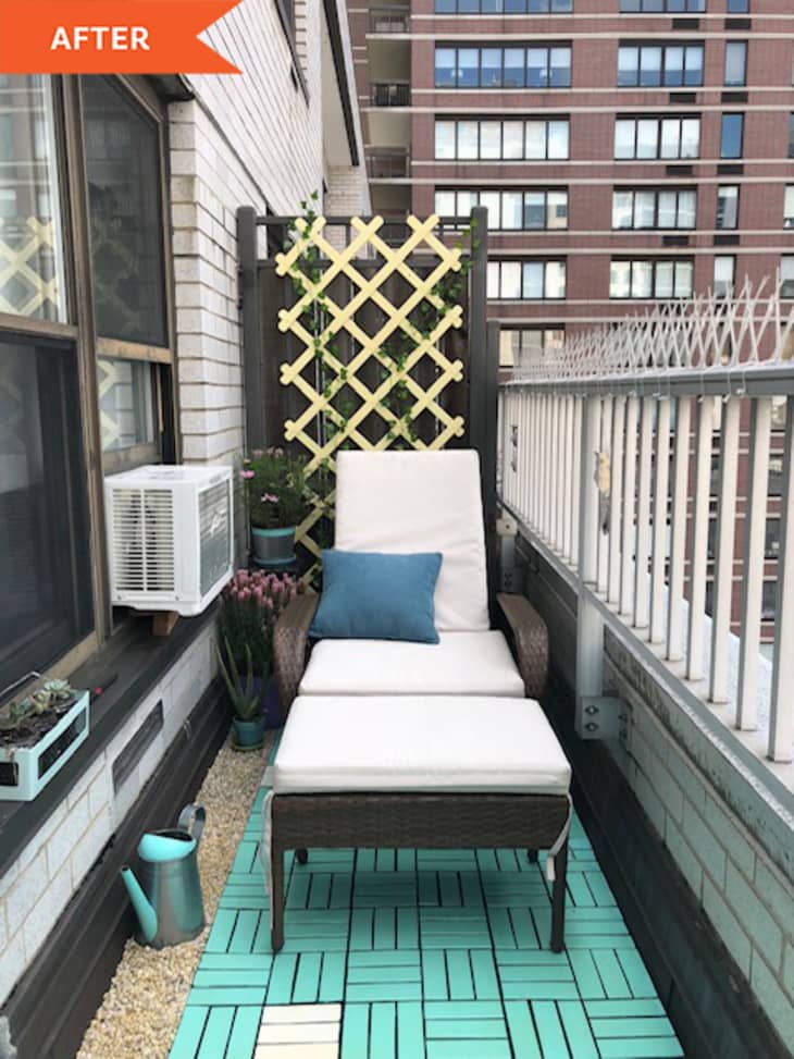 After: Lounge chair on balcony with teal flooring