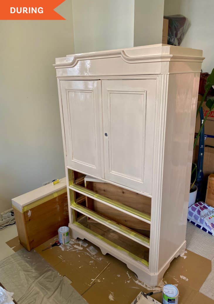 During: a pale pink armoire without the drawers