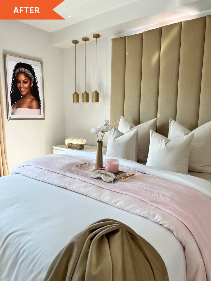 After: a bedroom with a gold bedhead and a pink and white bed